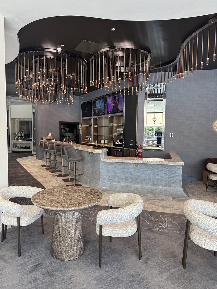 The bar at Low Tide under its chandeliers