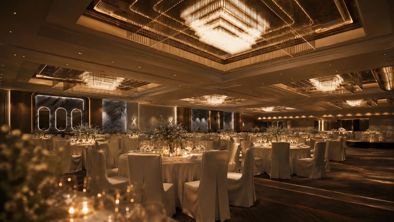 A corporate dinner in warm light