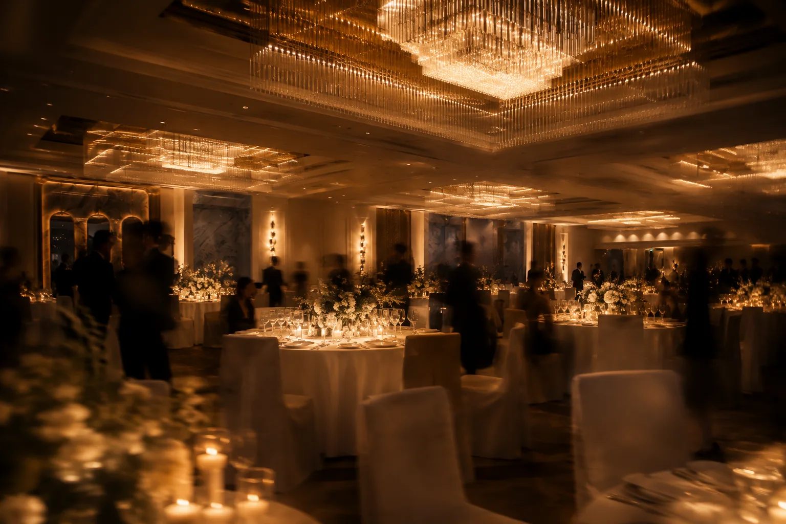 A ballroom set for a celebration